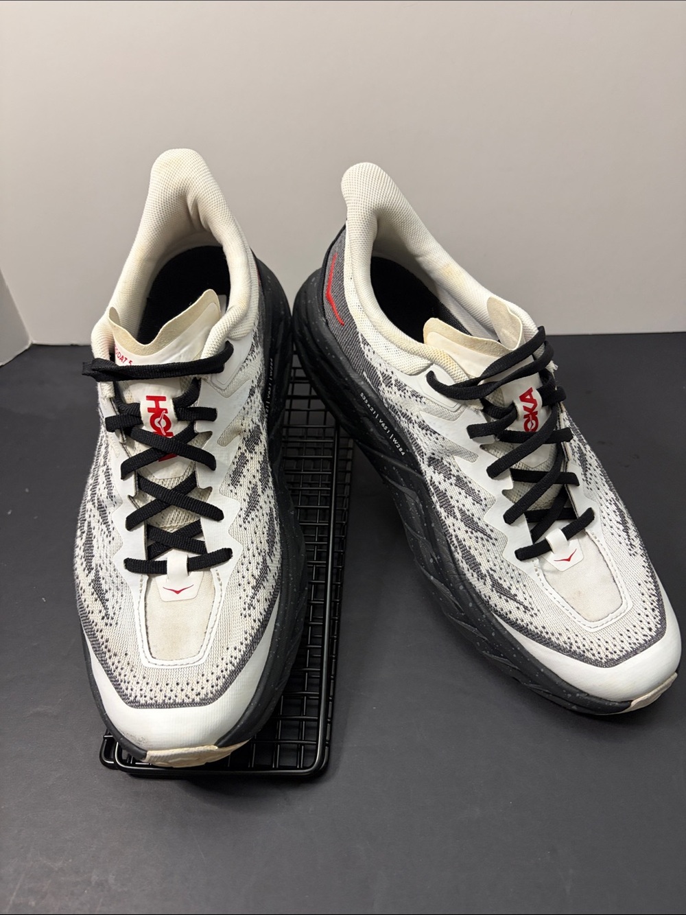 Hoka One Speedgoat 5 Men's White Black Running Shoes with Red Accents - Size 9.5